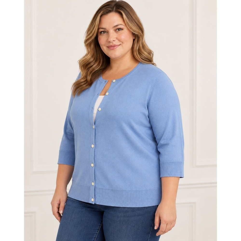 Chaps Womens 2X Carolina Blue 3/4 Sleeve Button Front Cardigan Sweater NWT